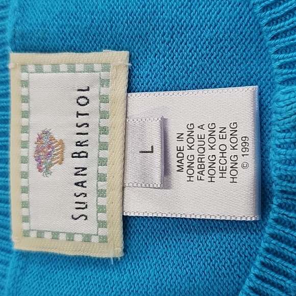 Late 90s Susan Bristol Cardigan, Malibu Blue w Beaded Bee Design, Sz L, NEW - Picture 6 of 13